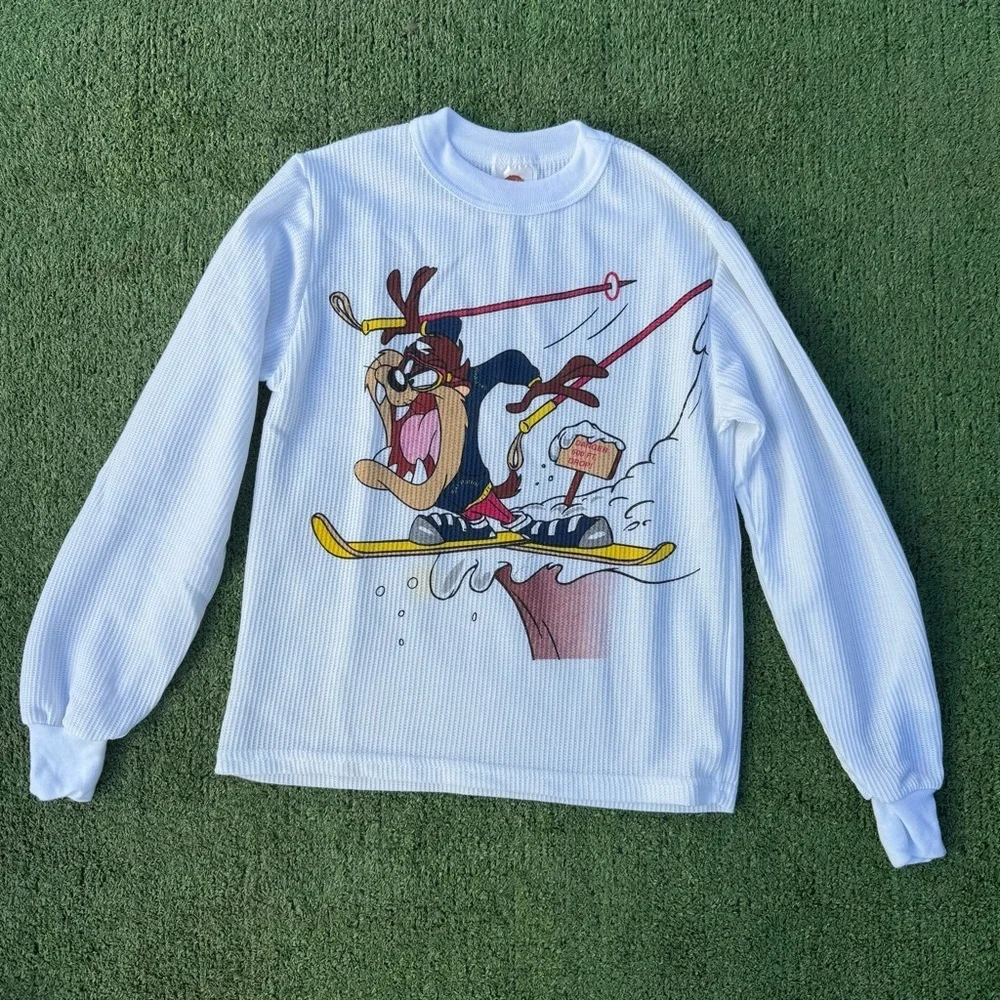 Vintage Looney Tunes Tasmanian Devil White Cartoon Kid’s waffle knit thermal XL